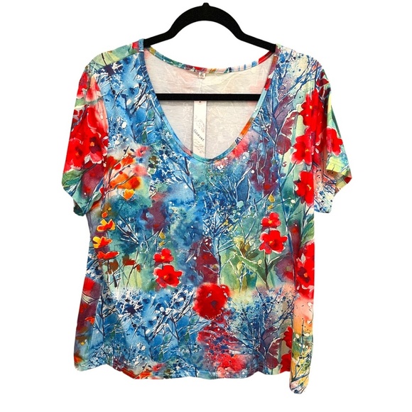 Unbranded Tops - Vivid Watercolor Blue Wildflowers Floral Art T-Shirt Top New Size XL